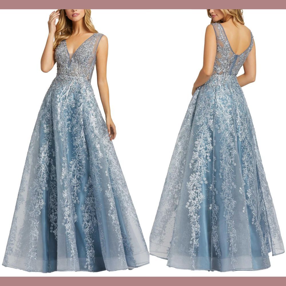 NWT$798 Mac Duggal [ 6 ] Illusion Embellished V Neck A Line Gown Fusion Blue J56